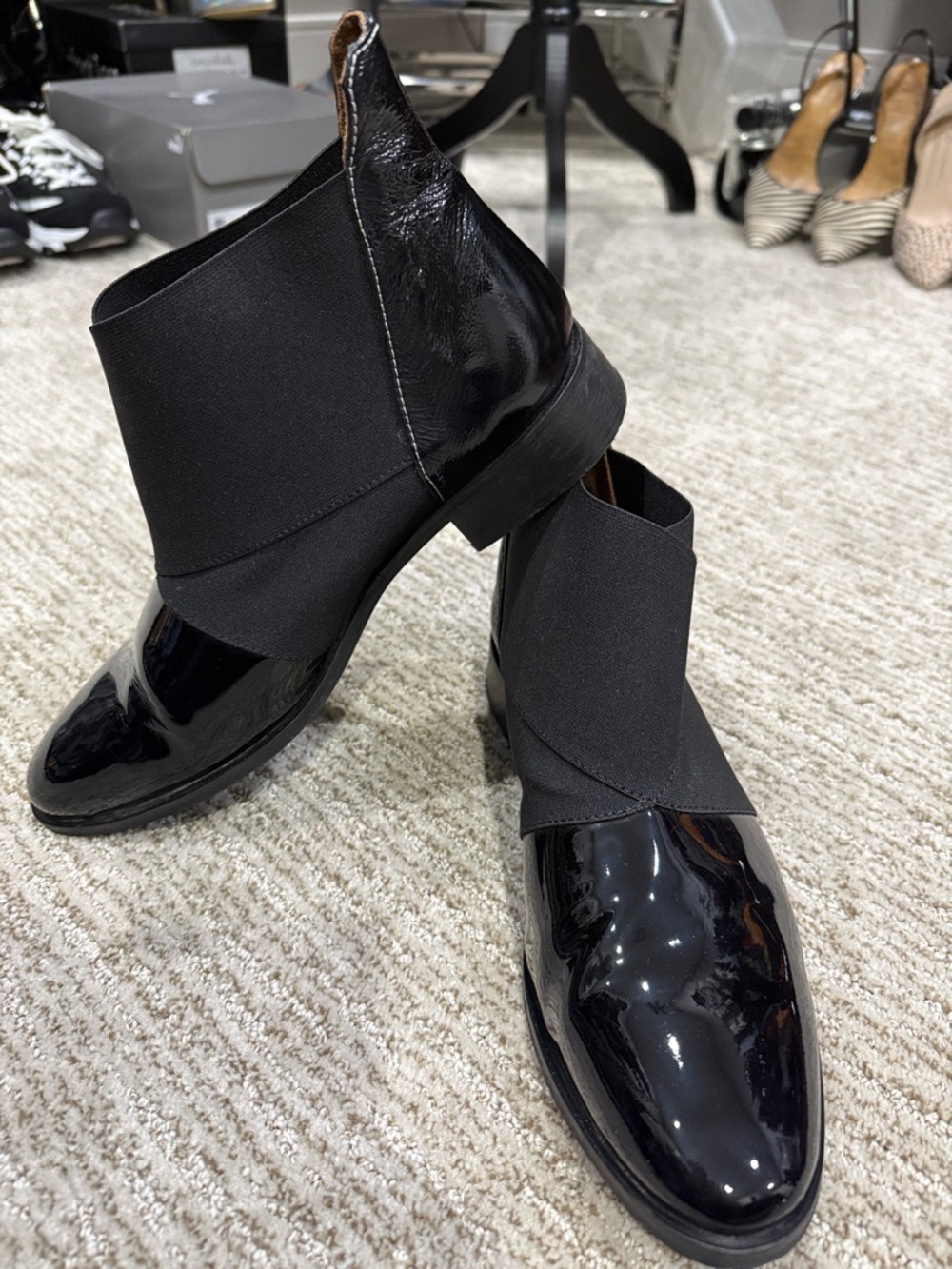 Girotti Black Patent Leather Ankle Boots with Elastic Wrap Italian Made